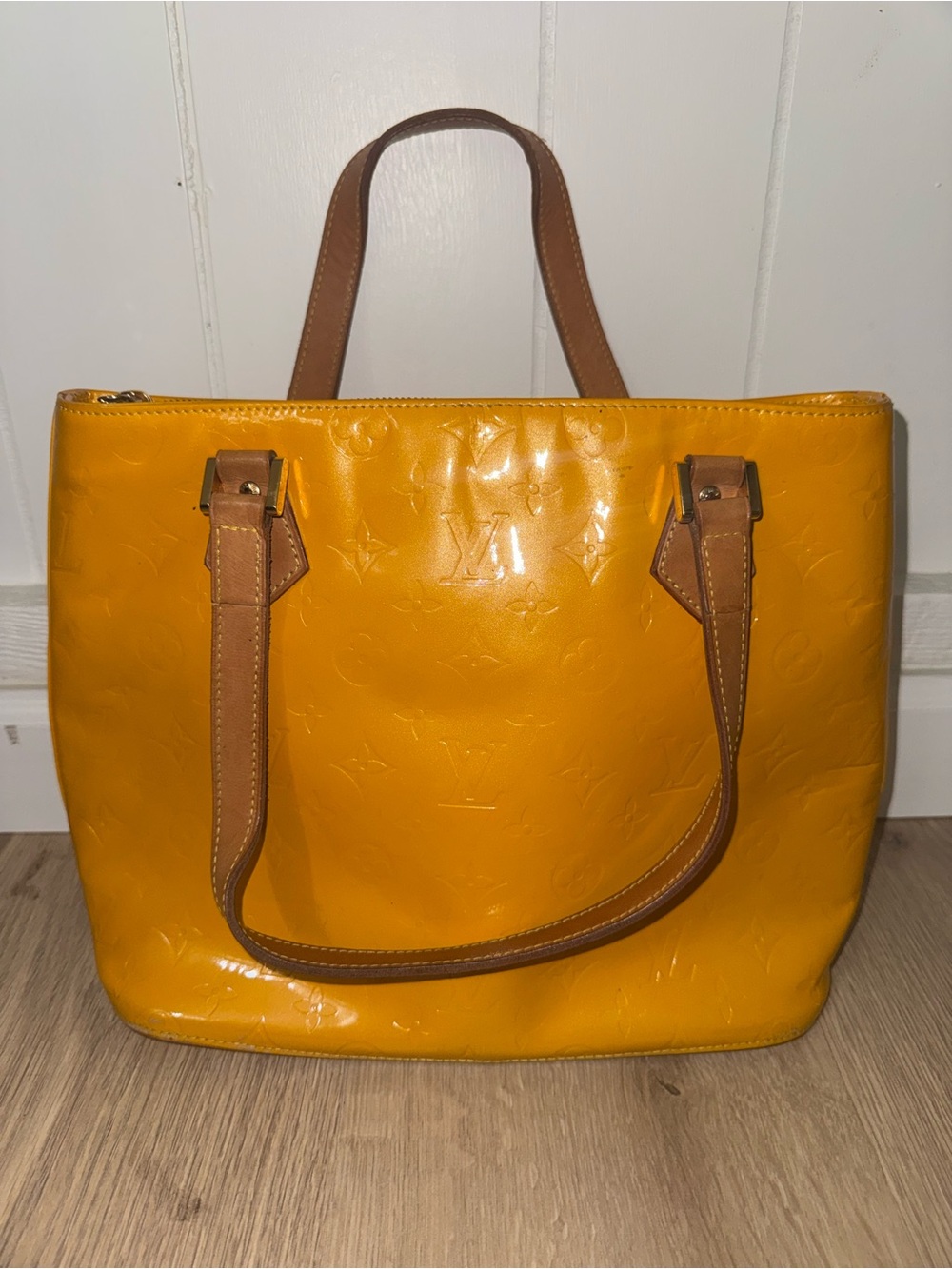 Louis Vuitton Yellow Patent Vernis Tote with Brown Handles